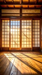 Sunlight streams through shoji doors, casting patterns on a wooden floor in a traditional, serene Japanese interior