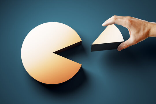 Hand taking a slice from a golden pie chart on dark blue background symbolizing business market share and corporate part distribution concept.