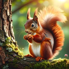 Squirrel perched on a mossy branch, holding a nut, sunlit forest backdrop creates a charming, whimsical feel