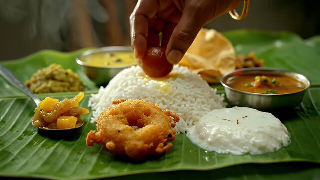 South Indian Festive Feast Served on Banana Leaf Traditional Meal with Rice Sambar Dal Vada Curd and Dessert