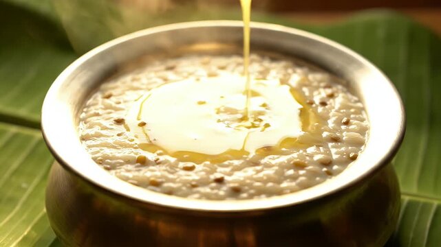 Steaming hot delicious Pongal rice dish served in a traditional brass pot with ghee and spices on a banana leaf