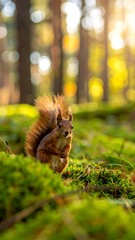 Squirrel, perched on bright green moss, watches viewer in sun-dappled forest. Vertical composition, bokeh background