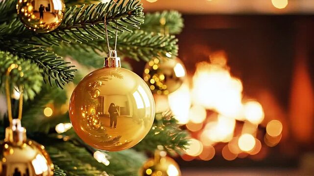Extreme close-up of glossy golden Christmas ornaments reflecting warm festive lights and interior surroundings on a decorated evergreen tree branch