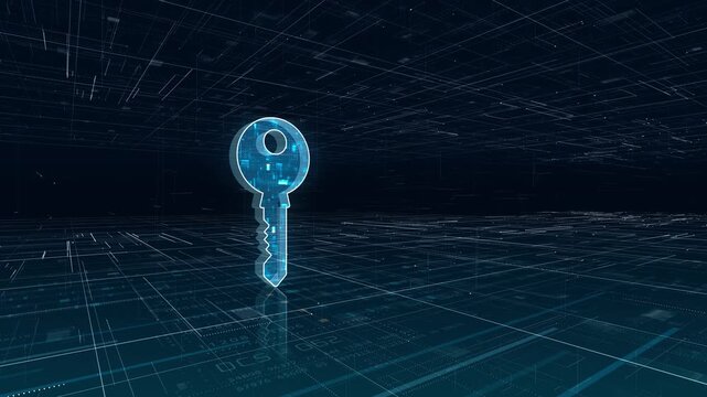 Motion graphic of glowing digital key symbol in futuristic virtual grid, representing secure access, data encryption and cybersecurity solutions for modern digital platforms.