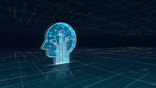Motion graphic of human head silhouette with digital circuits in virtual data grid, representing artificial intelligence, data processing and advanced technology thinking concepts.