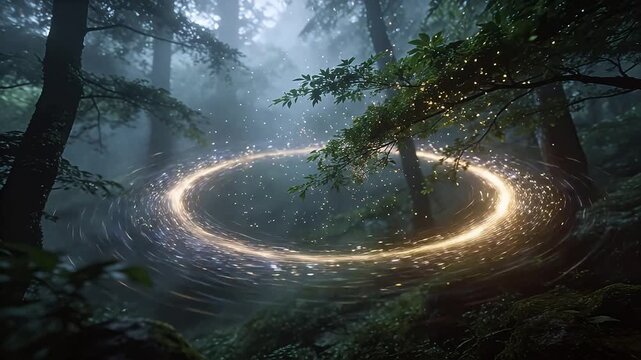 Magical glowing ring of light in misty forest