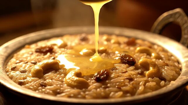 Sweet Rice Porridge With Cashews Raisins and Ghee Drizzled From Spoon In Rustic Bowl