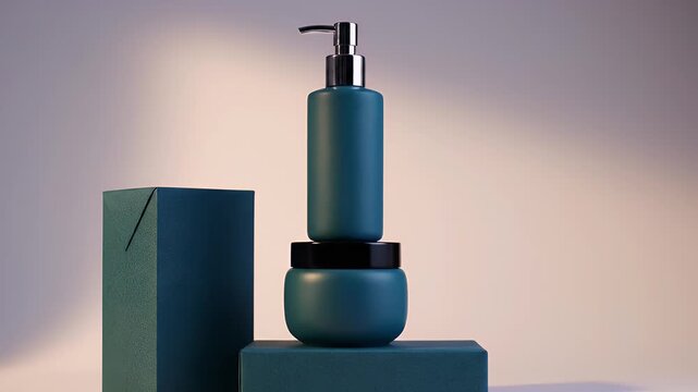 Teal Cosmetic Product Display with Floating Bottle on Geometric Pedestals in a Studio Setting Perfect for Beauty