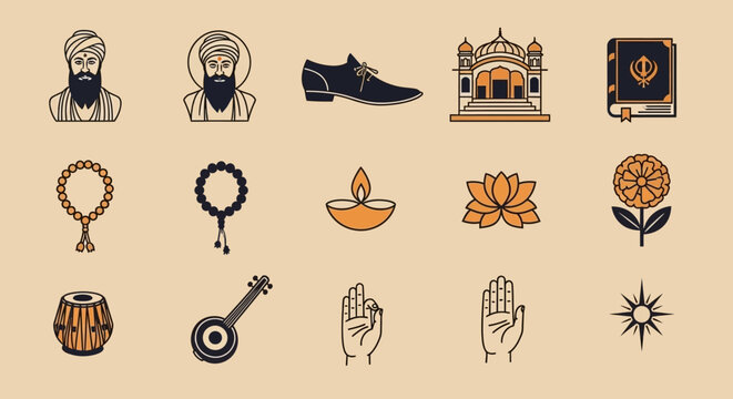 A collection of Sikh and Indian cultural and religious icons including Gurus, Gurdwara, holy book, prayer beads, diya, lotus, tabla, and spiritual symbols.