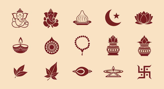 A collection of traditional religious and cultural symbols and icons, primarily from Hinduism and Islam, depicted in a minimalist brown and beige style.
