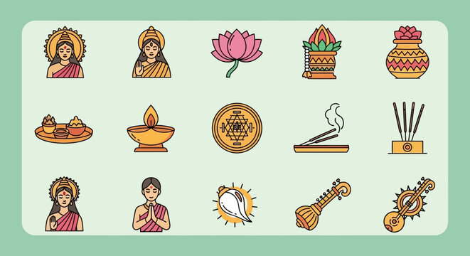 A collection of colorful flat design icons representing Hindu deities, religious symbols, and cultural elements like lotus, diya, kalash, and musical instruments.