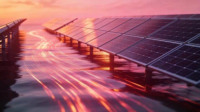 Solar panel array on water at sunset with reflection