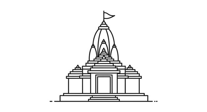 Line art illustration of a traditional Hindu temple with a prominent shikhara and tiered structure, depicted in black and white.