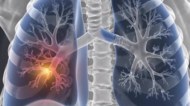 Detailed X-ray view of human lungs with visible inflammation and ribcage structure, 3D medical illustration, X-ray(30).mov reference