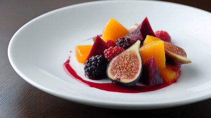 Gourmet fruit arrangement featuring figs, berries, and citrus segments presented on a white dish