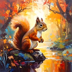 Squirrel sits by autumn stream, colorful trees and water
