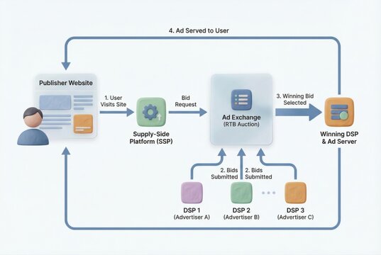 Digital Advertising Ecosystem Analyzed Real Time Bid Auction Understanding Ad Exchange DSP SSP User Interaction Flow Chart Visualizing Modern Marketing Strategies