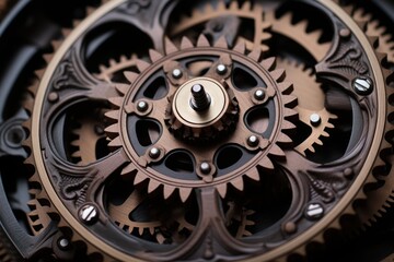 Obraz premium Intricate clockwork mechanism with moving gears and cogs, showcasing the beauty of engineering and precision