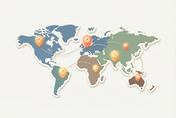 Obraz premium Global connectivity map illustrating intercontinental relationships through location markers and dynamic paths, visualizing international trade and collaboration concepts with innovative design