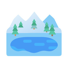 Fototapeta premium Stylized mountain scene with lake and evergreen trees illustration