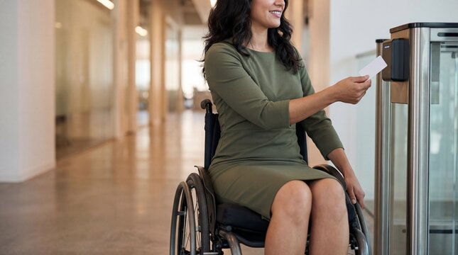 Woman in wheelchair scanning access card at secure office entrance, confident professional workplace scene with modern architecture and accessibility features
