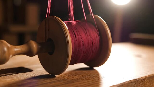 A wooden spool of red thread on a table, illuminated by a light source, showcasing craftsmanship and textile details.