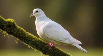 Fototapeta premium A white dove perched on a moss-covered branch, set against a blurred natural backdrop.