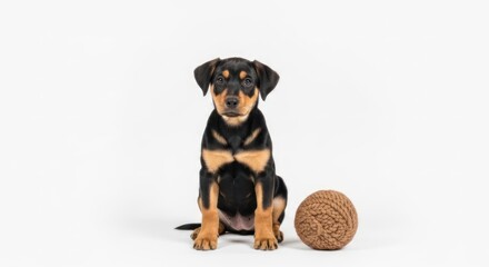 Obraz premium A black and tan puppy sits next to a woven ball on a white background.