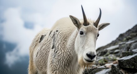 Fototapeta premium A mountain goat stands on a rocky ledge with a cloudy sky in the background.