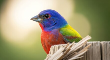 Obraz premium A vibrant bird perched on a wooden post, showcasing a spectrum of vivid colors against a blurred natural backdrop.