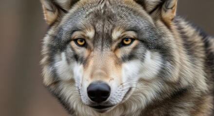Obraz premium A close-up portrait of a wolf with intense yellow eyes and a black nose, set against a blurred natural background.