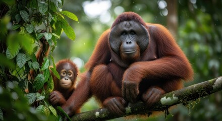 Two orangutans in a lush, green forest, one adult and one juvenile, sitting on a branch. The adult orangutan is looking at the camera, while the juvenile is looking away.