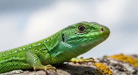 Naklejka premium A close-up of a green lizard on a rocky surface with moss and lichen, set against a blurred natural background.