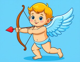 A cartoon cherub with blond hair and blue wings