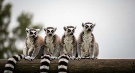 Fototapeta premium Four ring-tailed lemurs sitting on a wooden log, with a blurred natural background. The lemurs are facing forward, and one has its tail hanging over the edge of the log.