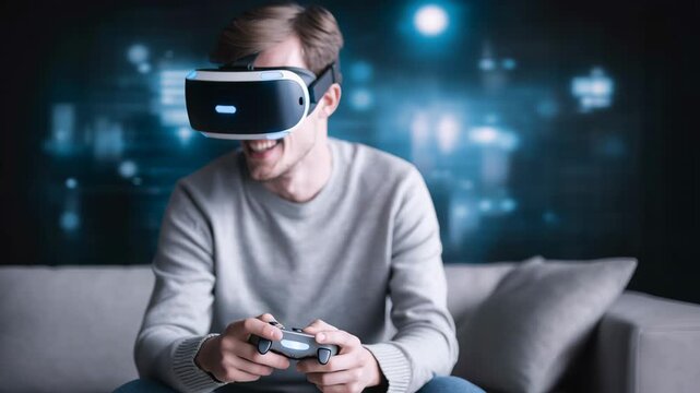Young man wearing a virtual reality headset and holding a game controller while sitting on a sofa, enjoying immersive gaming in a futuristic digital environment.