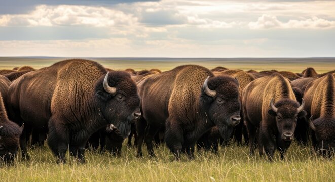 A herd of bison grazing in a grassy field under a partly cloudy sky.