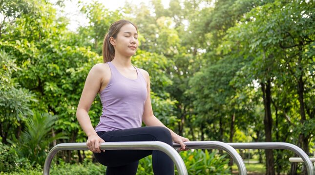 Young woman practicing outdoor balance exercise on parallel bars in sunny green park, calm focused expression and relaxed breathing