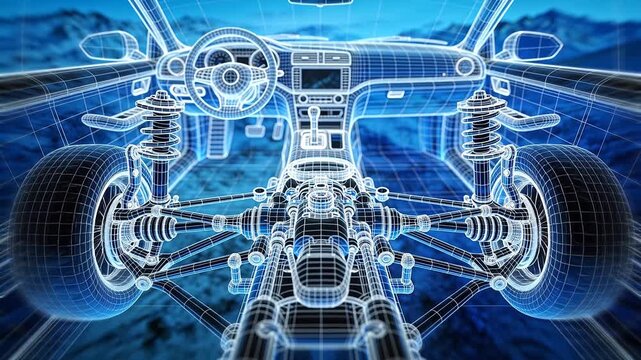 Blue digital wireframe model of car interior structure