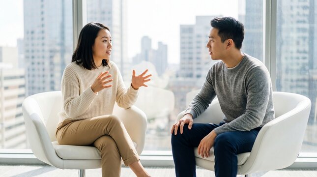 Woman and man having focused conversation in bright modern office lounge, seated in white chairs with city skyline view, calm expressive discussion and attentive listening