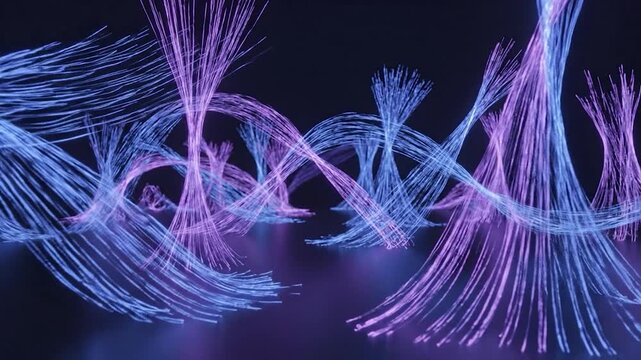 Swirling abstract strands of blue and pink light twist and flow
