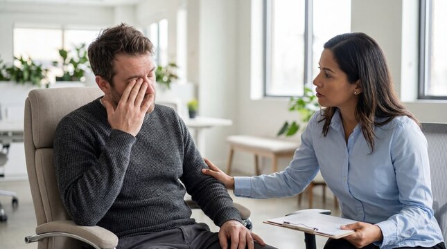 Man comforting distressed man in office during emotional conversation, supportive counselor offering calm presence and empathy