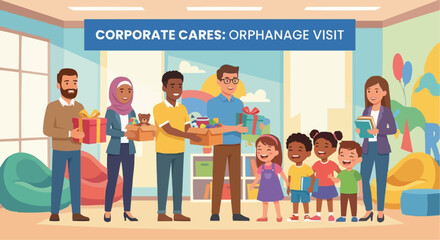 Flat vector illustration of people visiting orphanage and giving gifts to children during Ramadan.