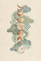 Boho style abstract art of moon phases and clouds for Islamic wall decor and background.