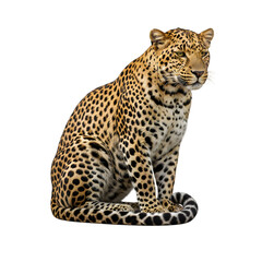 Obraz premium Leopard sitting in profile pose with detailed fur spots and elegant posture isolated on transparent background