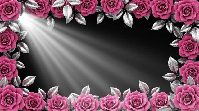 Elegant Pink Rose Border with Light Rays on Black Background - Romantic Floral Frame