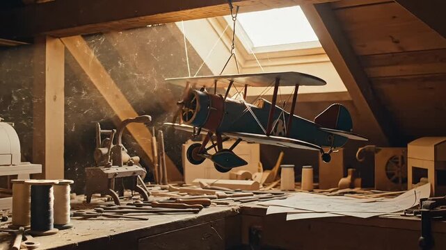 Vintage biplane model sits atop a cluttered workshop table beneath a skylight in an attic space filled with various tools and design blueprints.
