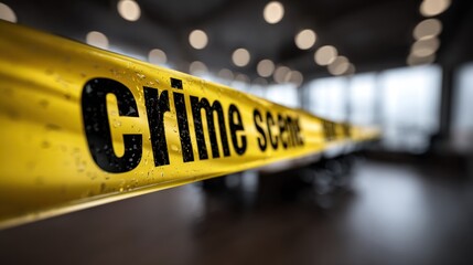 A close-up of yellow crime scene tape, indicating an investigation, with blurred background elements suggesting an indoor setting.