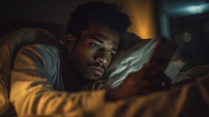 A man lies in bed, illuminated by his phone, deep in thought as he scrolls through content, surrounded by soft bedding and dim lighting.