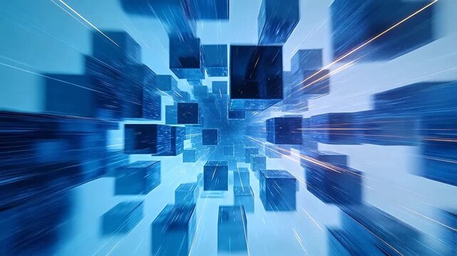 Futuristic digital space with floating cubes and blue light beams